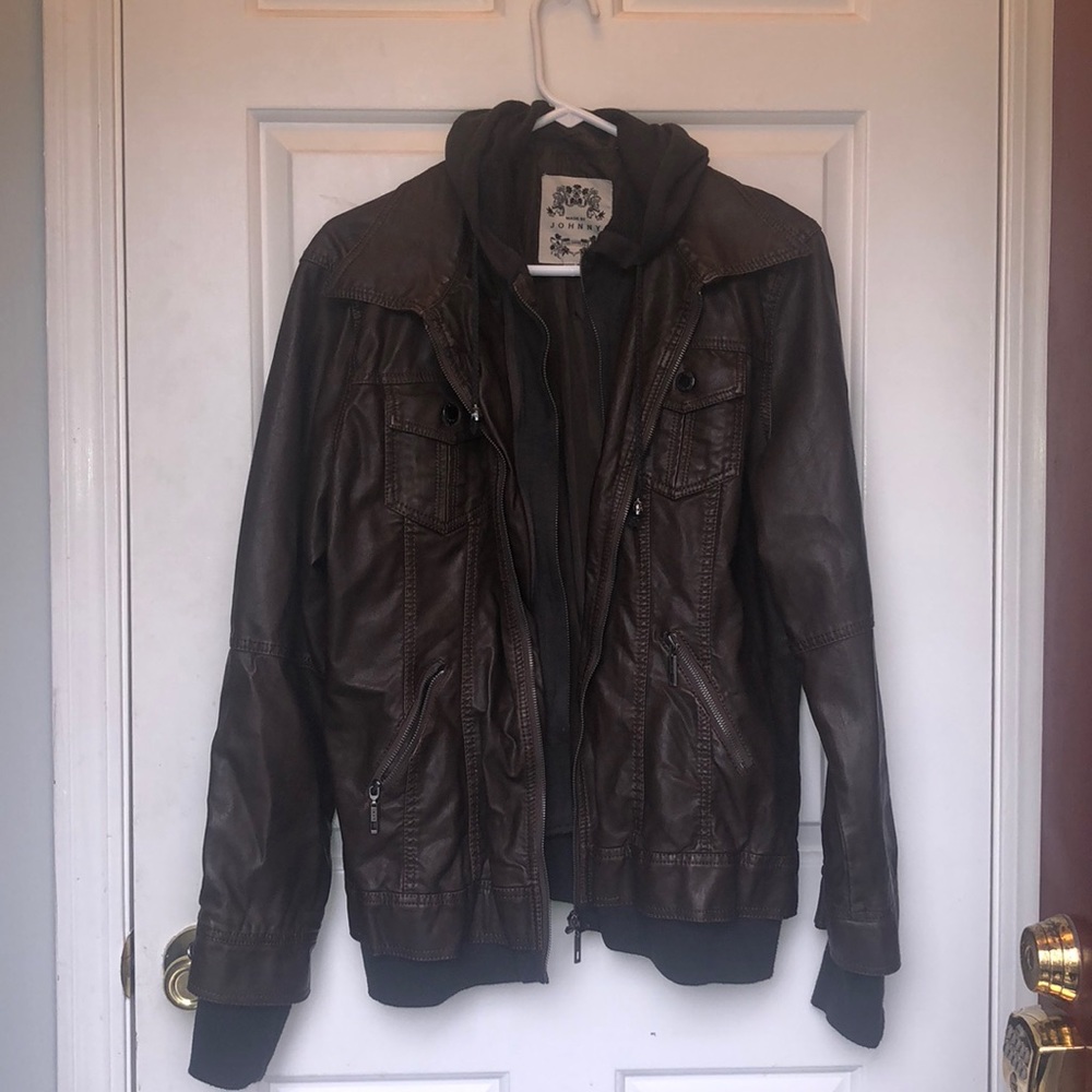 Faux brown leather hoodie coat